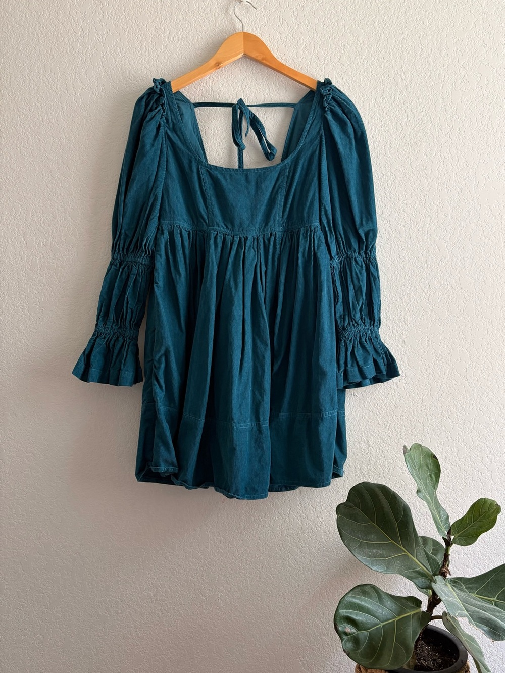 Anthropologie Pilcro Square-Neck Corduroy Babydoll Mini Dress Teal Women’s S